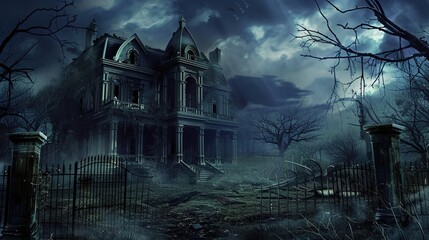 Eerie Haunted House Horror Scene Background with Spooky Atmosphere, Creepy Victorian Mansion, Ghostly Shadows, and Halloween Decoration for Dark Fantasy Design