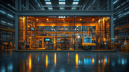 Fototapeta premium A next-gen industrial workspace with glass walls, AI dashboards, and autonomous factory robots