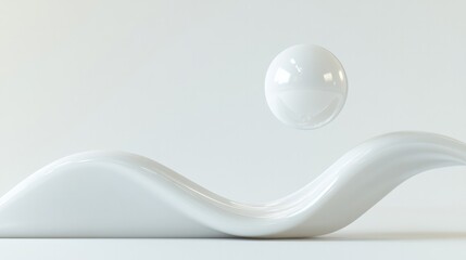 Sleek white curves cradle floating sphere, creating serene minim
