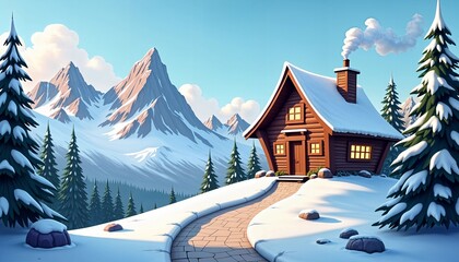 Naklejka premium A Charming Winter Cottage Nestled in a Beautiful Snowy Mountain Landscape Setting