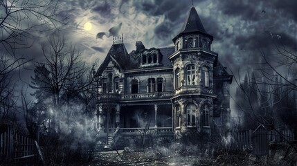 Obraz premium Eerie Haunted House Horror Scene Background with Spooky Atmosphere, Creepy Victorian Mansion, Ghostly Shadows, and Halloween Decoration for Dark Fantasy Design