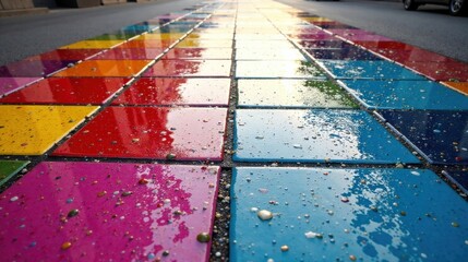 Fototapeta premium Vibrant pathway tiles, showcasing a spectrum of colors and embedded decorative elements, reflecting sunlight on a wet surface.
