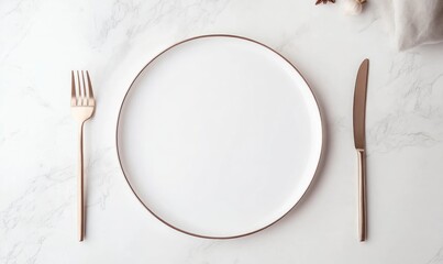 a blank menu on an elegant plate mockup, top view on a white background with copy space for text or design. Web banner showing the layout and shape of a restaurant table setting card.