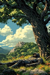 Fototapeta premium A sleeping knight rests beneath a large tree near mountains