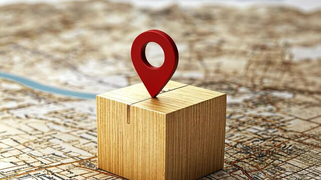 Pinpointing locations with a red marker on a wooden cube placed on a detailed map backdrop