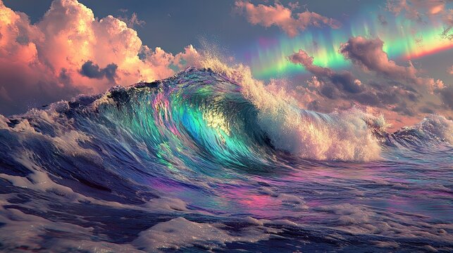 wide view, high angle, waves about to hit very high, rainbow colored waves, very high wave height, rainbow colored spindrift, rainbow colored sea, blue