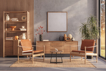 A contemporary living room interior in warm tones, featuring a concrete wall and wood paneling. Interior mockup, 3D render