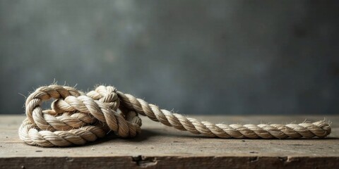 A thick nautical rope lies coiled on weathered wood, a textured study in natural fiber and rustic charm © yut