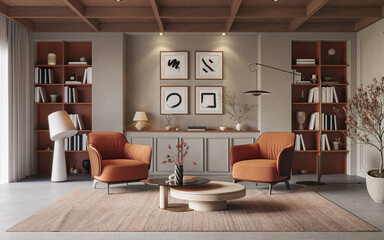A stylish living room interior featuring modern designer furniture and elegant accessories, rendered in 3D	