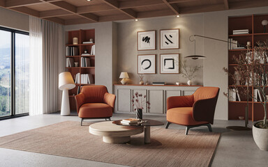 A stylish living room interior featuring modern designer furniture and elegant accessories, rendered in 3D	