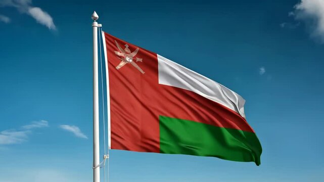 national flag of oman waving on blue sky, banner on the wind