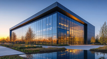 Fototapeta premium Advanced zero-emission factory, utilizing geothermal energy, rainwater collection, and sustainable materials for construction
