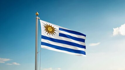 national flag of Uruguay waving on blue sky, banner on the wind - Powered by Adobe