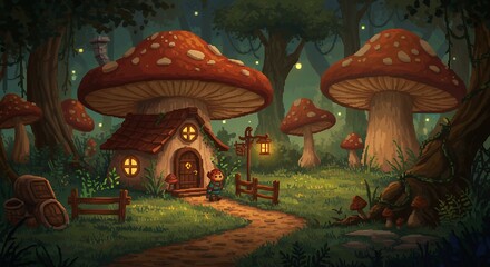 Pixelated mushroom house in enchanted forest with a small girl