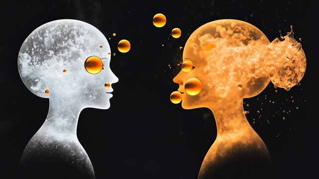 Two abstract human profiles facing each other with bubbles and textures representing different emotions or ideas