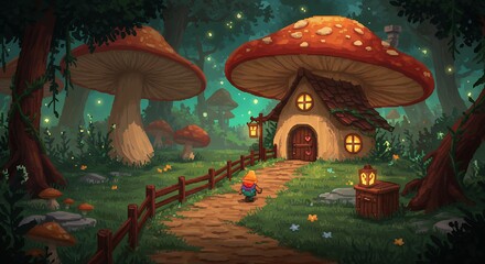 Gnome walking toward a mushroom house in an enchanted forest