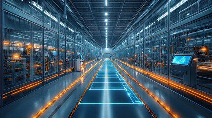 Fototapeta premium Cutting-edge high-tech industrial building, featuring holographic interfaces, self-cleaning materials, and autonomous robots at work