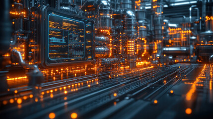 Cutting-edge high-tech industrial building, featuring holographic interfaces, self-cleaning materials, and autonomous robots at work