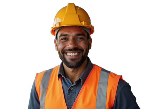 Hispanic man, smiling construction worker in safety gear on job site during daylight hours