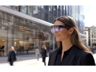 Fototapeta premium Woman wearing futuristic glasses in a bustling city, showcasing augmented reality technology