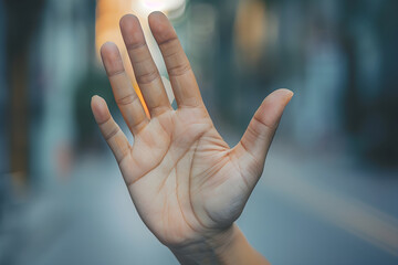A close-up outstretched hand in a gesture of refusal, clearly saying no or stop with a blurred background, emphasizing the decisive nature of the moment.