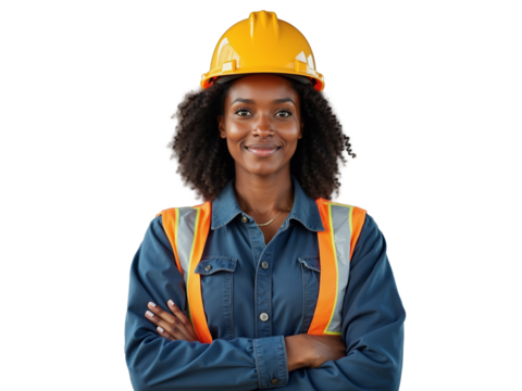 Black woman, construction worker engineer in yellow hard hat and reflective vest smiling confidently in studio setting
