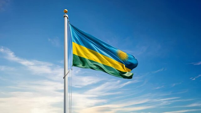 rwanda national flag of waving on blue sky, banner on the wind