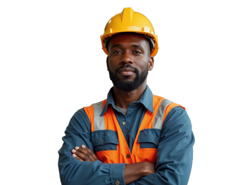 Black man, construction worker in safety gear with hard hat and reflective vest standing confidently