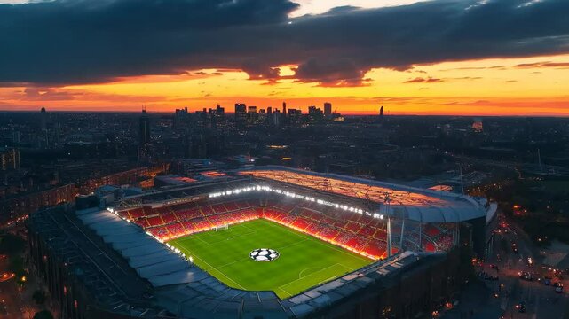 Manchester skyline shifts from sunset to night showcasing vibrant colors over the cityscape, manchester city time lapse sunset to night aerial panoramic view england uk zoom out