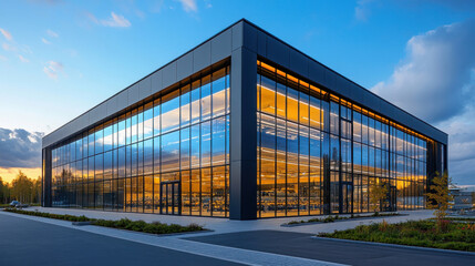 Obraz premium Exterior of a luxury car production plant, featuring modern glass architecture and high-tech assembly lines