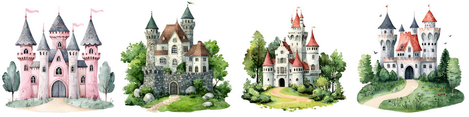 Naklejka premium A collection of beautifully illustrated whimsical medieval castles palaces and manor houses set in lush verdant gardens and landscapes with flowering plants trees and winding paths