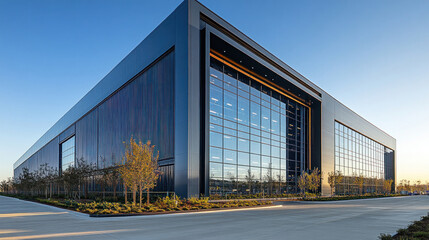 Obraz premium Exterior of an advanced electronics factory producing microchips and cutting-edge technology