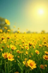 Obraz premium A sea of bright yellow flowers in a sunny field, sun, sunnyfield