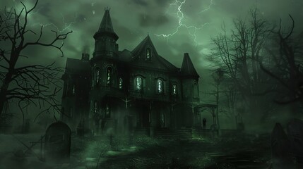 Eerie Haunted House Horror Scene Background with Spooky Atmosphere, Creepy Victorian Mansion, Ghostly Shadows, and Halloween Decoration for Dark Fantasy Design