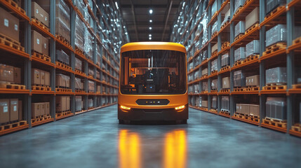 High-tech automated warehouse with robotic systems visible through transparent walls, showcasing modern logistics