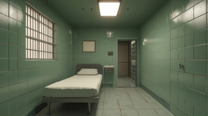 A high-end prison room with minimalist decor, a single bed, and a private bathroom 