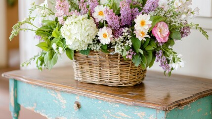 Colorful floral arrangement in a rustic basket on an old wooden table with peeling paint