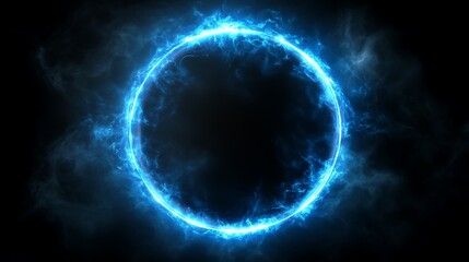 A glowing blue energy circle illuminates the dark background brilliantly