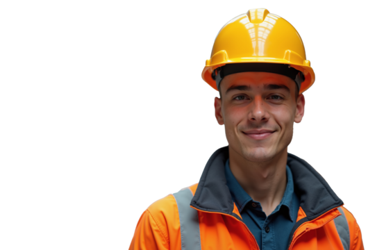 Young man port worker smiling, wearing yellow hard hat and bright orange safety jacket, standing confidently in warehouse