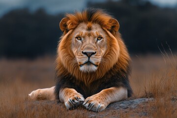 Obraz premium Majestic lion resting in the golden savannah plains. Generative AI