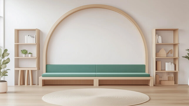 3D rendering of a modern living room interior design featuring a teal sofa and wooden shelf mockup, set against a minimal Japanese-style beige wall and wood floor, with an arched window. The design em