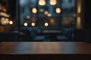 Beautiful blurred background of an empty wooden table in the foreground and a dark, blurred bokeh of a modern restaurant interior with soft lighting from lamps at night