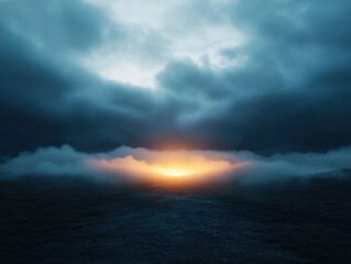 Golden horizon over dark water under stormy clouds
