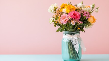 Fototapeta premium Colorful bouquet in a mason jar against a pink background on a sunny day