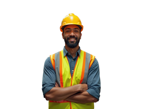 Black man, construction worker smiling in bright safety gear with yellow hard hat on job site