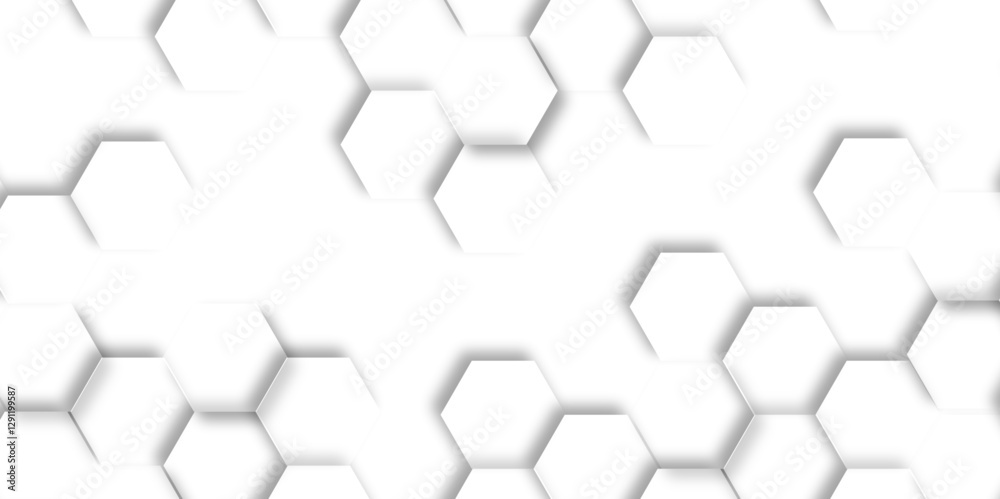 Poster Abstract hexagon background. Futuristic abstract honeycomb mosaic white technology background. Surface polygon pattern with glowing hexagon paper texture and futuristic business. graphic concept.	