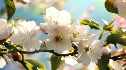 Obraz premium Soft pink and white cherry blossoms bloom beautifully under gentle sunlight in a serene garden setting during springtime
