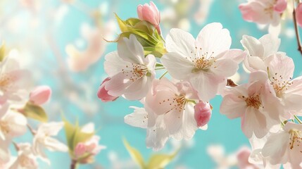 Fototapeta premium Soft pink and white cherry blossoms blooming against a serene blue background in spring