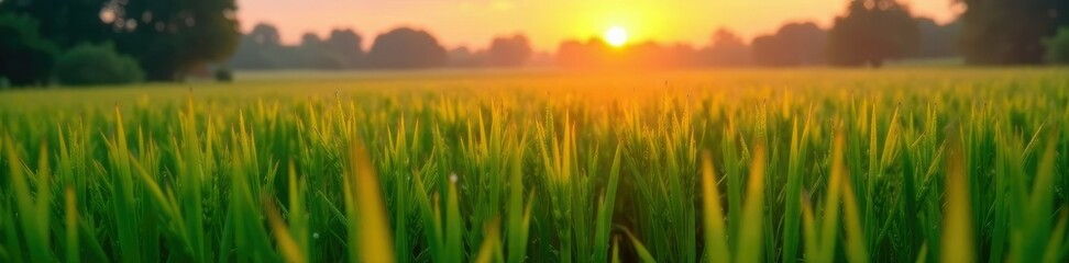 Fototapeta premium Early morning dew glistens on wet rice field at sunrise, serene, sunrise, farm