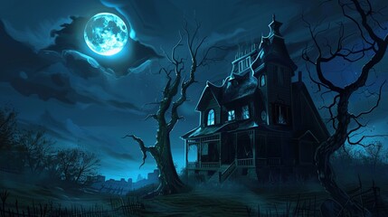 Eerie Haunted House Horror Scene Background with Spooky Atmosphere, Creepy Victorian Mansion, Ghostly Shadows, and Halloween Decoration for Dark Fantasy Design